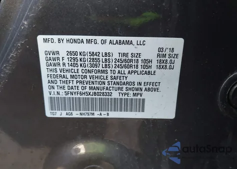 2018 Honda Pilot Ex-L z USA, uszkodzony, nr VIN 5FNYF6H5XJB028332